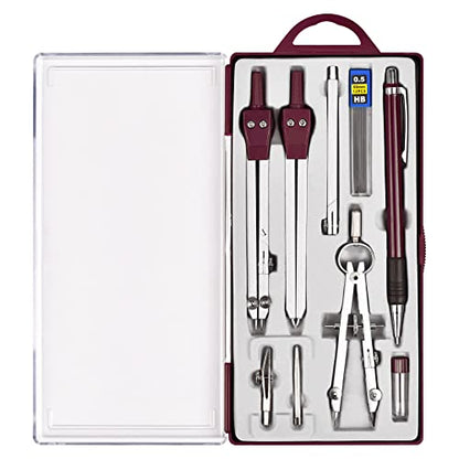 Unjoo 9Pcs Precision Geometry Set Metal Compass,Geometry Tool Set (Brown) | Shatterproof Storage Box, Circle Drafting Tool and Architecture, Drafting Kits for Engineers Students - color: 9pcs-red