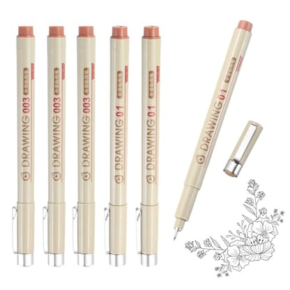 MECCANIXITY 003/01 Fineliner Ink Pens, 6Pcs 0.15/0.25mm Brown Micro Pens with Waterproof Archival Ink for Watercolor Sketching Cartoon Technical Drawing - style: 003# 01#