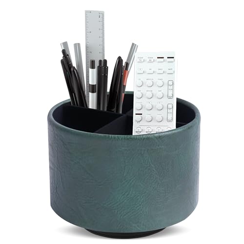 Round Leather Art Supply Organizer,Remote Control Holder,360 Degree Spinning,Multi-Functional Pencil Holder,4 Compartments Desktop Stationary Organizer(1-Crazy Green) - color: 1-Crazy Green