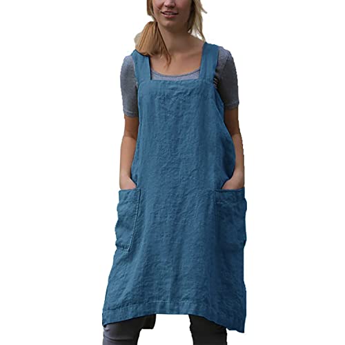 Apron for Womens Cotton Linen Apron Cross Back with Pockets Pinafore Dress for Baking Cooking - color: Dark Blue, size: Small