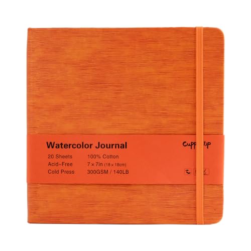 CuppaClip Leather Watercolor Journal, 300gsm/140lb 100% Cotton Cold Press Water ColorPaper, 20 Sheets Acid-Free Watercolor Sketchbook Art Notebook for Painting, Drawing, Travel (Orange, 7×7in) - color: Orange, size: 7×7in