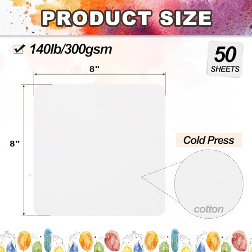 PATIKIL 50 Sheets Cotton Watercolor Paper 140lb/300 GSM Cold Press Water Coloring Paint Paper Round Corner for Art Painting Watercolor Drawing Artist, 8x8 Inch - size: 8x8 Inch