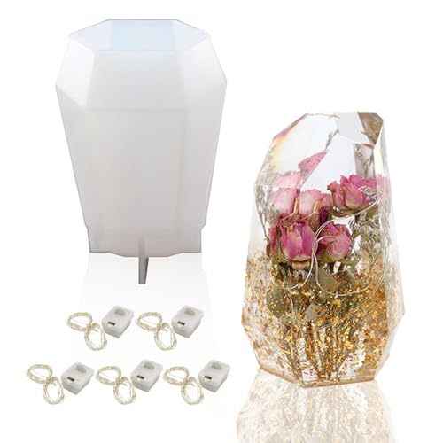Large Gem Stone Resin Mold, Epoxy Resin Casting Craft Mold for Flower Preservation Bookends with 5 Fairy Light Without Battery