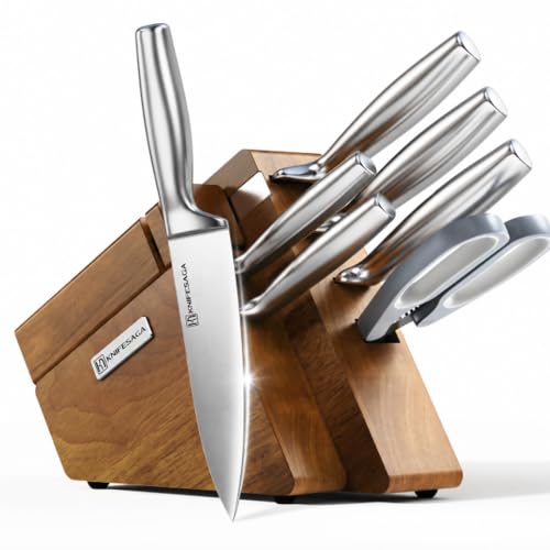 KnifeSaga Kitchen Knife Set with Block and Detachable Sharpener | 8-Piece High Carbon Stainless Steel Knife Block Set, Fully Forged Blades & Compact Design