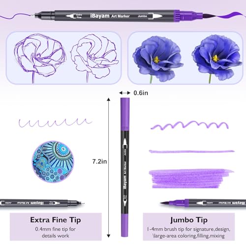 72-Color Dual Tip Markers, Fine & Brush Pens for adult coloring & lettering | 0.4mm Fineliner Pens, water-based non-toxic ink, carry bag, Note-Taking, Calligraphy, Journaling, Sketching and Lettering