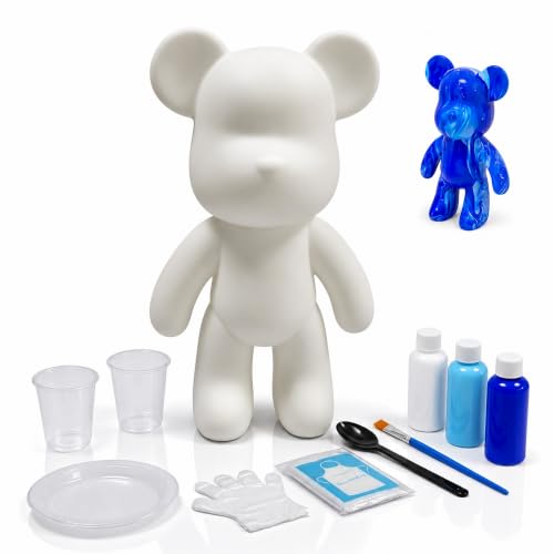 YONXID DIY Fluid Bear Painting Kit - Fluid Art Pour Paint Bear Set - Full Drip Paint Bears Kit with Spill Tray & Apron for Family Activity, Date Night, Holiday Gifts, 9.05 in, Dark Blue+Blue+White - color: Dark Blue+Blue+White(Easy DIY)