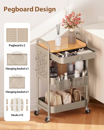 ALVOROG 3 Tier Metal Rolling Cart with Drawer,Wood Top,Pegboards,Khaki | Storage Utility Cart with Drawers,Pegboards,Lockable Wheels,Baskets,Hooks for Kitchen,Office,Bedroom,DIY Supplies - color: Beige