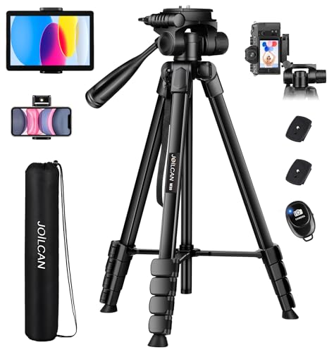 JOILCAN Camera Tripod, 68" Tablet Tripod Stand for Phone Camera | Travel Tripods Compatible with iPad iPhone DSLR SLR Projector, Cell Phone Tripods Stand with Remote/Travel Bag / 2 in 1 Mount - color: Black, size: 68"