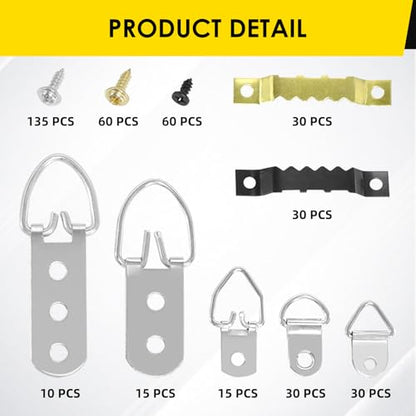 415Pcs Frame Hangers Screws Kit, 5 Sizes D Ring Picture Hangers and Sawtooth Hangers Assorted Kit with Box for Wall Mounting Heavy Canvas Paintings Photos Board Clock Artwork Clipboard
