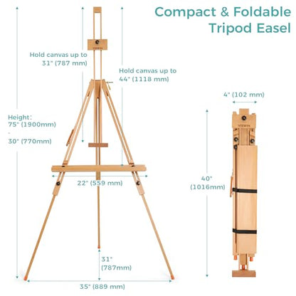 VISWIN Portable Easel for Painting with Bag, Tilting Flat & Adjustable Beech Wood Art Easel Stand, Holds Canvas up to 44", Tripod Field Easel for Adults, Artists, Beginners - Natural - color: Natural