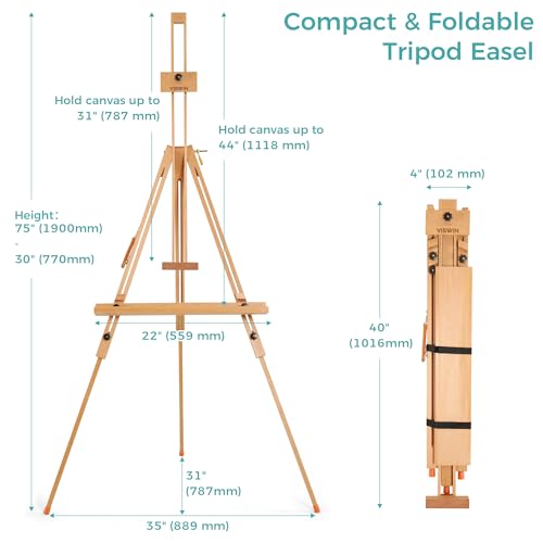 VISWIN Portable Easel for Painting with Bag, Tilting Flat & Adjustable Beech Wood Art Easel Stand, Holds Canvas up to 44", Tripod Field Easel for Adults, Artists, Beginners - Natural - color: Natural