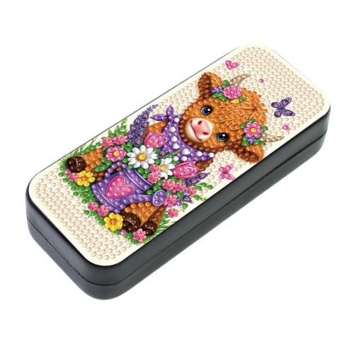 FlyingMage 5D Diamond Art Painting Kit, Hard Shell Eyeglasses Glasses Case | Highland Cattle DIY Diamond Dots, Small Gem Art Painting Mosaic Kits, Cute Sunglasses Case for Adults Beginner Women Teen - color: Beige Flower Highland Cattle