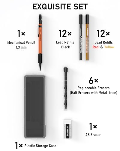 Four Candies 1.3mm Mechanical Pencil Set with 24 Lead Refills, Metal Weatherproof Heavy Duty Outdoor Carpenter Pencil, Eraser, 6 Eraser Refills for Architect Drafting Woodworking Marking with Case - size: 1-Pack, style: Orange