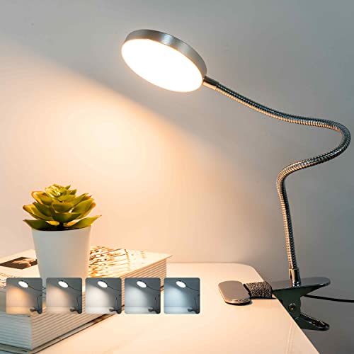 LiFMIRA Clip on Lamp Reading Light 5 Color Modes 10 Brightness 8W Silver | 66 LED Eye Caring Metal Clamp Light Gooseneck Clip on Light for Bed Headboard Desk Video Conferencing Make up - color: Silver