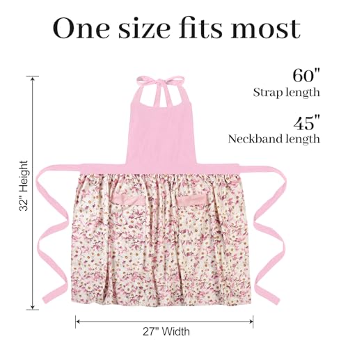 Cute Floral Apron for Women with Pockets, Cotton, Adjustable Straps - color: Rose Pink