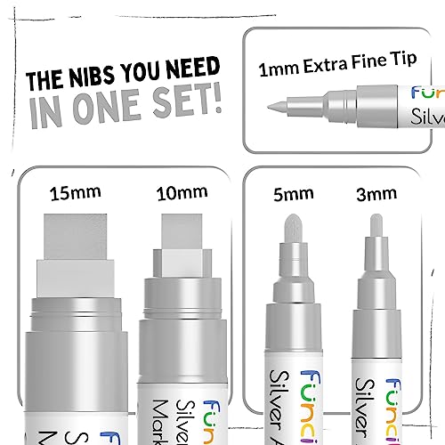 5 Silver Paint Marker Pens - Metallic Acrylic Paint Pen for Wood | Permanent Markers for Fabric, Canvas, Leaf, Metal, Glass, Plastic - Fine Tip, Thin Point & Jumbo (1mm, 3mm, 6mm, 10mm, 15mm) - color: Silver