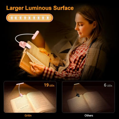 Gritin Rechargeable Book Light for Reading in Bed with 19 LED | Eye Caring 3 Color Temps, 5 Brightness Levels, Memory Function, 90 Hrs Runtime Flexible Goose Neck Clip on Light-Pink - color: Pink