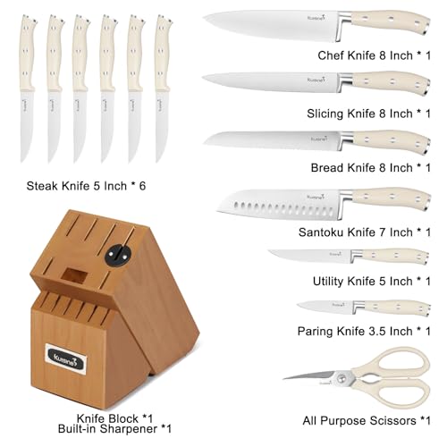 Kuisine Kitchen Chef Knife Block Set,High Carbon Stainless Steel Razor-Sharp Blade Ergonomic Handle,Sharp Knife Set with Built-in Sharpener,Elegant Gift(Irovy-Acacia,15pcs) - color: Pro Acacia Wood, size: 15 pieces