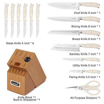 Kuisine Kitchen Chef Knife Block Set,High Carbon Stainless Steel Razor-Sharp Blade Ergonomic Handle,Sharp Knife Set with Built-in Sharpener,Elegant Gift(Irovy-Acacia,15pcs) - color: Pro Acacia Wood, size: 15 pieces