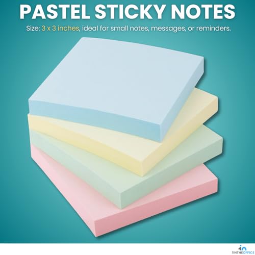 1InTheOffice Sticky Notes 3x3, Sticky Note Pads, Self-Stick Note Pads, Assorted Pastel Colors, 100-Sheet, 12/Pack