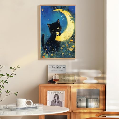 Fountor Black Cat Framed Paint by Numbers Kit for Adults Beginner 8x12 Inch | For Adults & Kids Ages 8-12, DIY Acrylic Painting, Moon Paint by Number with frame, Stress Relief Home Wall Decor Gifts - color: Black Cat Moon, size: 8x12 Inch