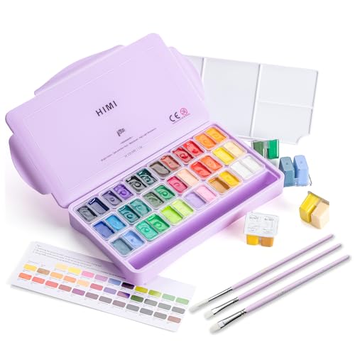 HIMI Twin Cup Jelly Gouache Paint Set with 3 Paint Brushes, 36 Colors 12g, Jelly Cup Design, Non Toxic Paint for Canvas and Paper, Art Supplies for Professionals (Purple Case) - color: 36 colors