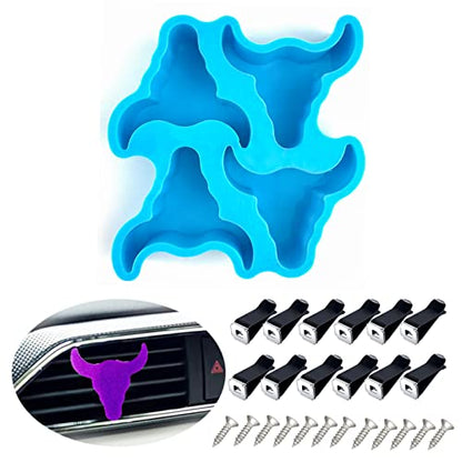 Silicone Bull Skull Molds - Car vent clips included, Oven safe, For resin soap or candle making - 12 pc kit - color: Bull Skull