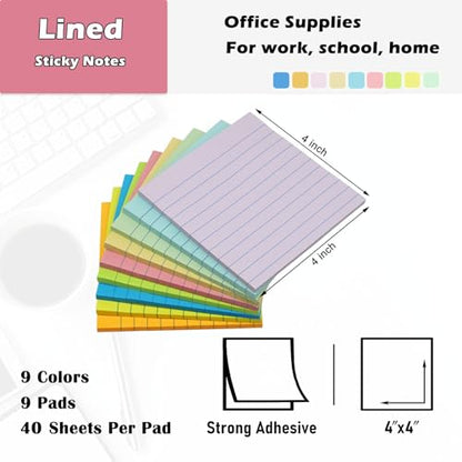 9 Pack Lined Sticky Notes with Lines 4x4 in, Large Self-Stick Note Pads | 9 Colors, Strong Adhesive, Big Rlued Memo Pads, 4x4 Sticky Notes Eeay Post for Office, School, Home Use - size: 4x4 in