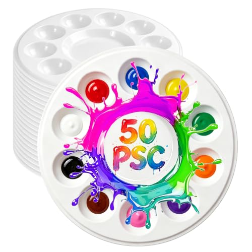 Round Paint Tray Palettes, 50 Pack, One Time Use Plastic, White 5.5 Inch | Mini Watercolor Painting Palettes for Students, Kids, Paint Holder, DIY Craft Class, Paintings - color: Round
