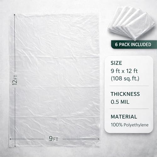 GREEN LIFESTYLE Plastic Drop Cloths for Painting 12 x 9 ft [6 Pack] – Waterproof Paint Drop Cloth, Plastic Sheets Floor Cover, Disposable Tarp for Furniture Protection, Remodeling and Moving - size: 9x12