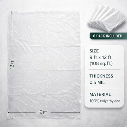 GREEN LIFESTYLE Plastic Drop Cloths for Painting 12 x 9 ft [6 Pack] – Waterproof Paint Drop Cloth, Plastic Sheets Floor Cover, Disposable Tarp for Furniture Protection, Remodeling and Moving - size: 9x12
