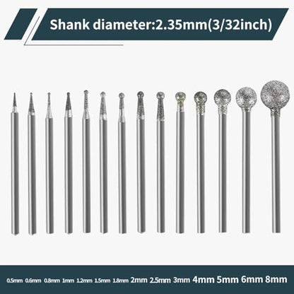 Hanboost 14Pcs Diamond Ball Shape Engraving Burr Set for Rotary Tools S2, 3/32" (2.35mm) Shank Carving Bits for Glass, Jade and Ceramics, Ideal for Jewelry Makers and Model Builders