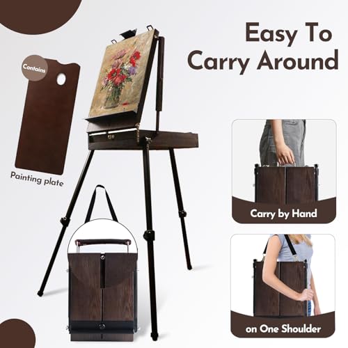CONDA 70” French Easel with Aluminum Legs, Folding Sketch Painting Easel with Drawer, Tripod Easel Stand for Painting, Sketching, Display - color: Brown