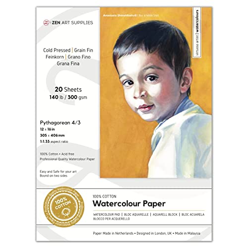 100% Cotton Watercolor Paper Block 140 lb - 12x16 in Cold Pressed 20 Sheets | Professional Grade Water Color Paper, Acid-Free Archival, Dual Texture Surfaces, Warp-Free Block Binding, Gouache & Wet-Media - size: 12"x16" Pythagorean 4/3