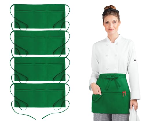 Avalon Kitchen Server Aprons with 3 Pockets – 100% Polyester Waist Apron, 24x12 Inch Half Apron, Waitress Apron for Servers - color: Green, style: Pack of 4