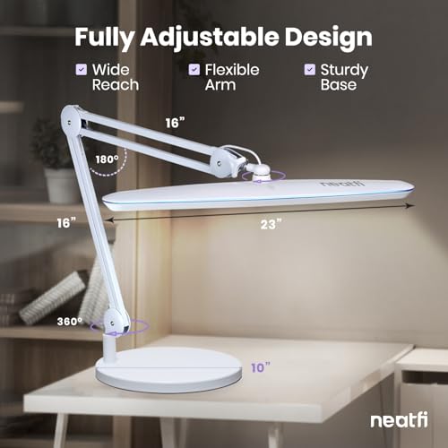 Neatfi XL 2,200 Lumens 20W LED Task Lamp – 23” Ultra-Wide Head | 182 SMD LEDs | 4 Brightness Levels | 3 Light Modes | Eye-Caring, Glare-Free | Adjustable Arm (White, CCT with Clamp) - color: White