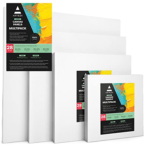 ARTEZA Canvas Boards for Painting, 6 x 6, 8 x 8, 10 x 10, 12 x 12 Inches, Multipack of 28, Blank White Canvas for Acrylic, Oil and Gouache Painting - size: 6x6, 8x8, 10x10, 12x12 (Pack of 28)