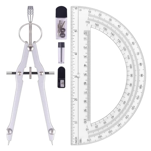 Unjoo Compass and Protractor Set, Math Compass for Geometry (Silver) | Professional Drawing Compass Tool, Metal Compass with Extra Refills, 6 Inch Math Protractors 180 Degree, For School, Office - color: Silver