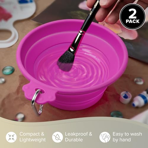 Silver Brush Limited Silver Essentials Brush Water Bowl, 1200ml/40.6oz | 2 Pack, Watercolor, Watermedia, Round, Reusable Artist Water Cup, Collapsible, With Carabiner Clip, Leak-proof, Silicone - size: 1200ml
