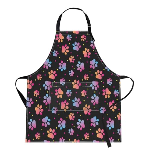 Apron with Pockets, 32x28 inch, for Women Men, Colorful Paw | Dog Animal Paw Waterproof Adjustable Bib Aprons for Kitchen Cooking Baking Painting Gardening - color: Cute Dog Paw