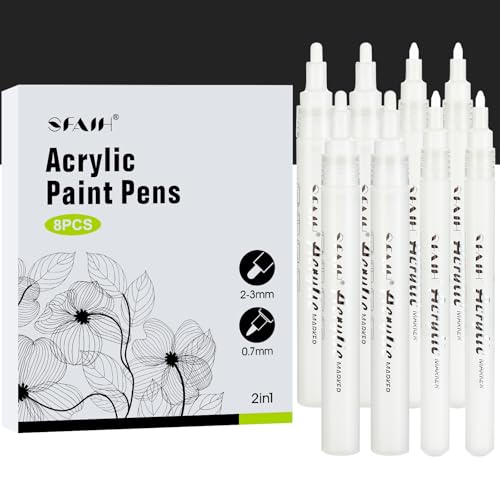 SFAIH Acrylic Paint Markers - White Paint Markers Paint Pens 8 Pack | Acrylic Marker for Rock Painting, Wood, Metal, Fabric, Plastic, Glass, Ceramic, 2-3MM Medium Tip & 0.7mm Extra Fine Tip - color: 8 White