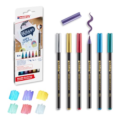 edding 1340 Metallic Brush Pen - Set of 6 pens - Flexible Brush Nib 1-6 mm - Glitter Metallic Marker for Lettering, Drawing and Sketching - high opcaity Even on Darker Paper - color: 27: Set of 6 - Metallic
