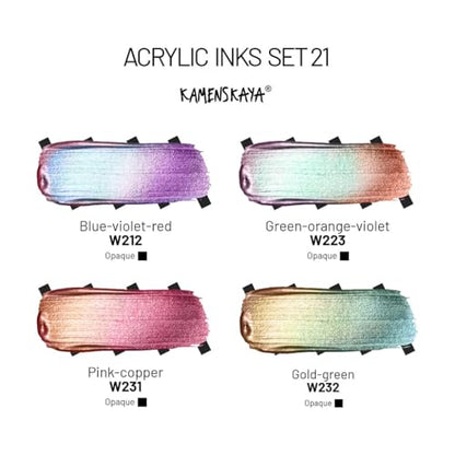 Kamenskaya Acrylic Ink Set – Chameleon Metallics – 4 x 1 Fl Oz Bottles - color: Blue-violet-red, Green-orange-violet, Pink-copper, Gold-green, style: Chameleon Metallic