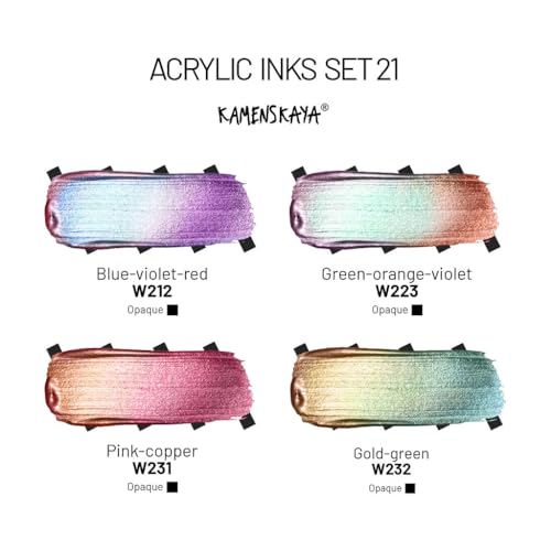 Kamenskaya Acrylic Ink Set – Chameleon Metallics – 4 x 1 Fl Oz Bottles - color: Blue-violet-red, Green-orange-violet, Pink-copper, Gold-green, style: Chameleon Metallic
