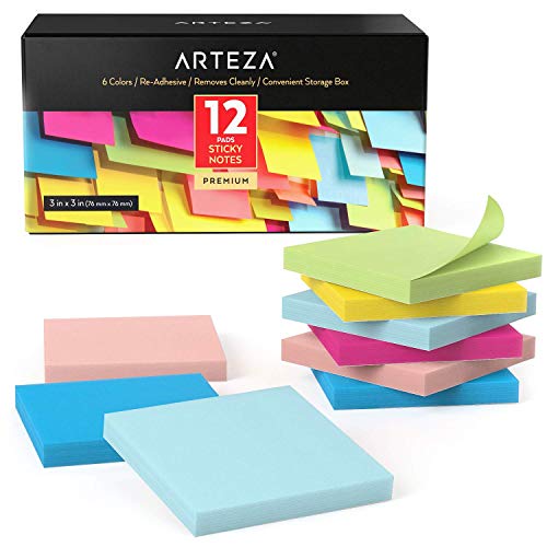 ARTEZA Sticky Notes 12 Pads, 100 Sheets, 6 Assorted Colors, Re-Adhesive, Office Supplies for To-Do Lists, Reminders & Studying
