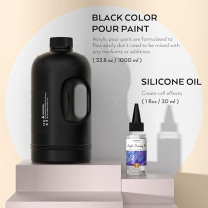 Nicpro Jet Black Color Acrylic Pour Paint, 33.8 Ounce Pre-Mixed Pouring Paint Supplies with Silicone Pour Oil & Gloves for Canvas, Rock, Wood Cell Creation Flow DIY Art Painting, Ready to Pour | Supplies with Silicone Pour Oil & Gloves for Canvas, Rock, W