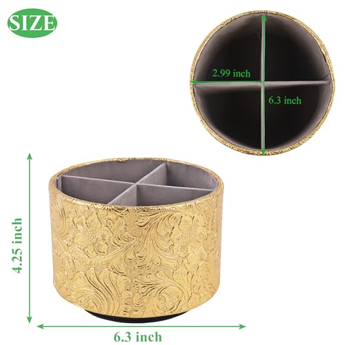 Round Leather Art Supply Organizer,Remote Control Holder,360 Degree Spinning,Multi-Functional Pencil Holder,4 Compartments Desktop Stationary Organizer(1-Carved Gold) - color: 1-Carved Gold