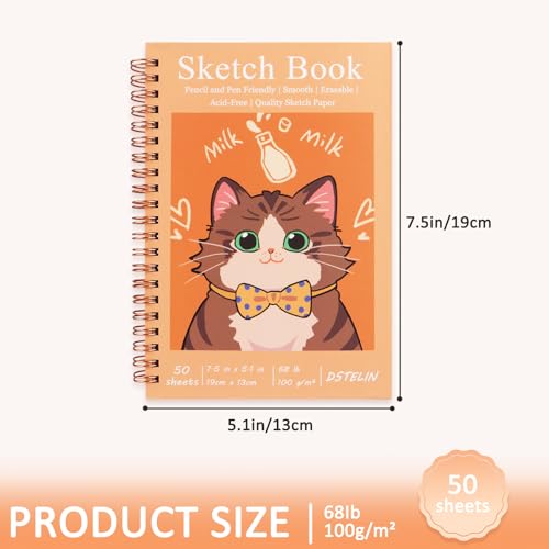 DSTELIN 2 Pack Spiral Bound Sketchbooks (100 GSM Sketch Paper), 50 Sheets per Pack, 7.5" x 5.1" Sketchbook with Yellow Hard Cover for Painting, Drawing and Sketching
