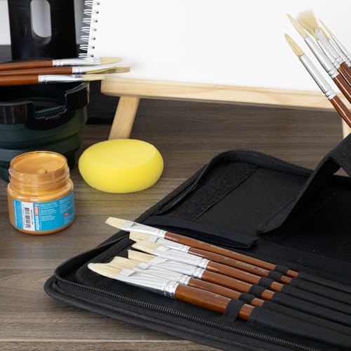 DUGATO Paint Brush Set 15pc with Pop-Up Case, Palette Knife & Sponges - color: White