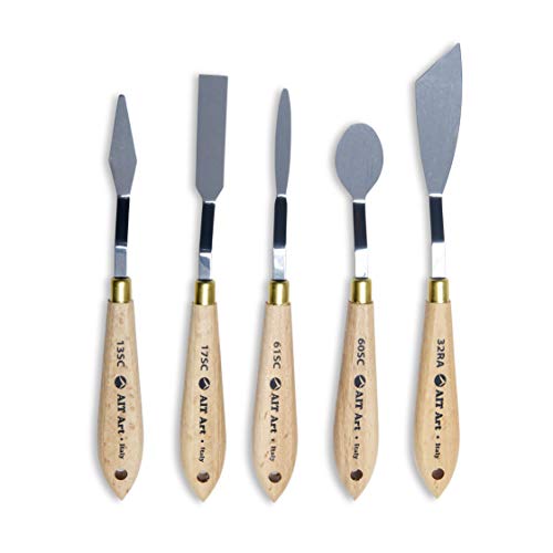 AIT Art Select Painting Knives, Set of 5, Made in Italy, Assorted Trowel Shapes, Carbon Steel Blades with Comfortable Wooden Handles Provide Flexibility and Durability for Easy Paint Spreadability